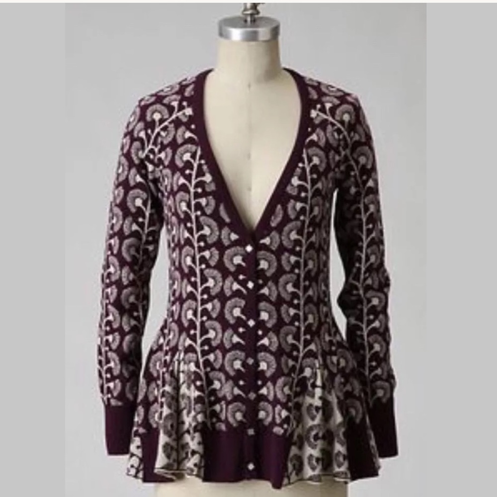 Rare HWR Climbing Marigold Cardigan Sweater Wool Blend VNeck Ivory Purple Maroon